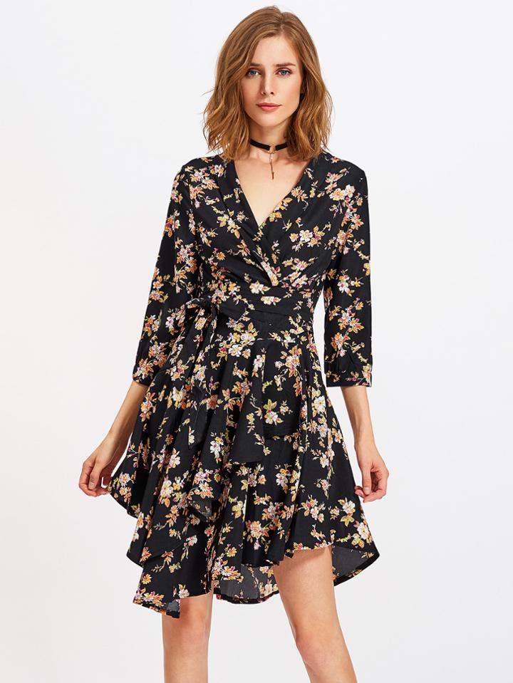 Shein Surplice Neckline Calico Print Asymmetric Hem Dress