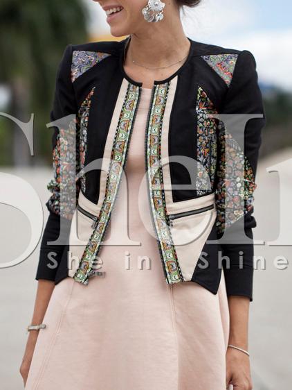 Shein Black Collarless Tribal Print Color Block Crop Jacket