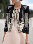 Shein Black Collarless Tribal Print Color Block Crop Jacket