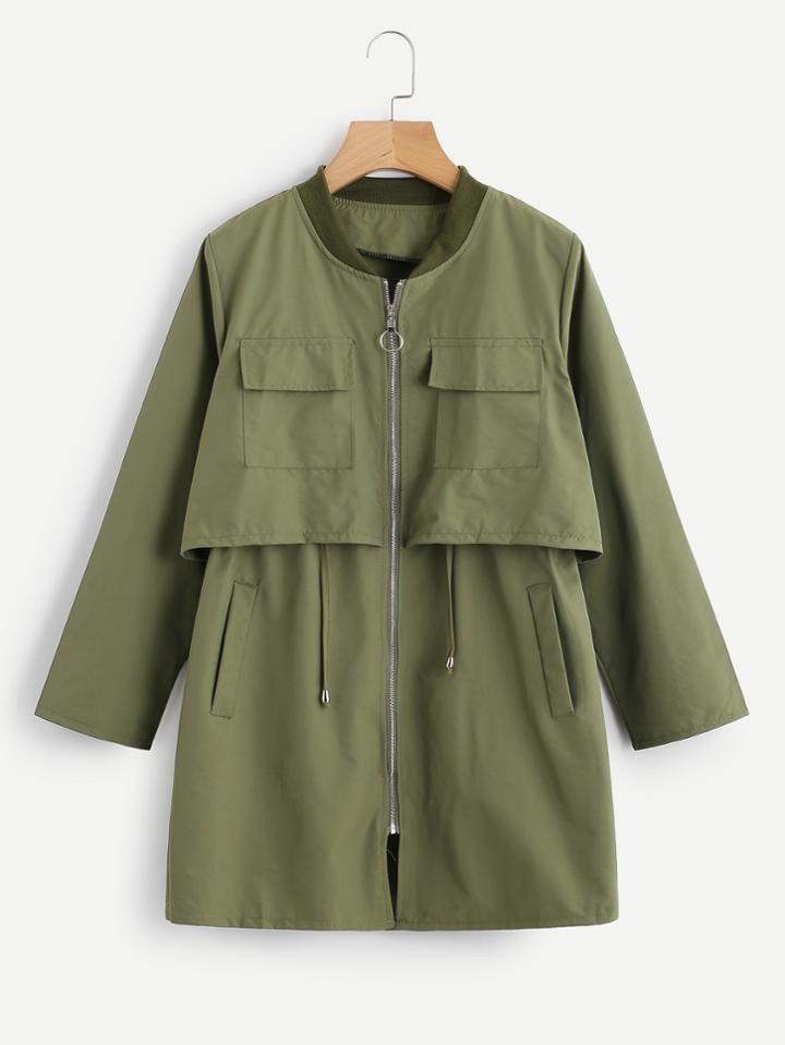 Shein Tiered Drawstring Trim Zip Up Coat