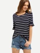 Shein Navy Striped Ruffle Sleeve T-shirt