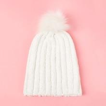 Shein Girls Faux Fur Pom-pom Decorated Knit Beanie Hat