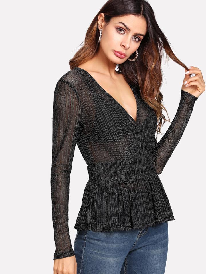 Shein Ruffle Hem Glitter Mesh Peplum Top