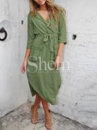 Shein Army Green Chemise Waistband Surplice Sophisticated Pockets Split Petites Dress