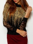 Shein Gold Stand Collar Lace Embellished Blouse