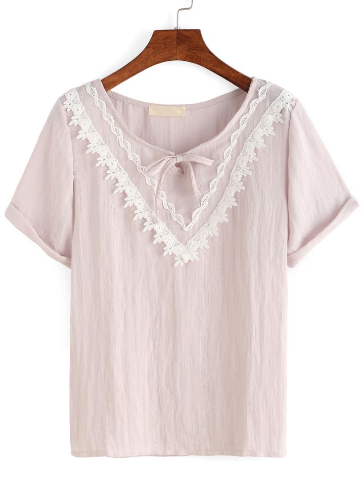 Shein Lace Trimmed Tie-neck Blouse