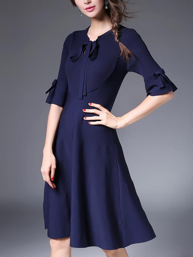 Shein Blue Tie Neck Bell Sleeve Pleated Dress