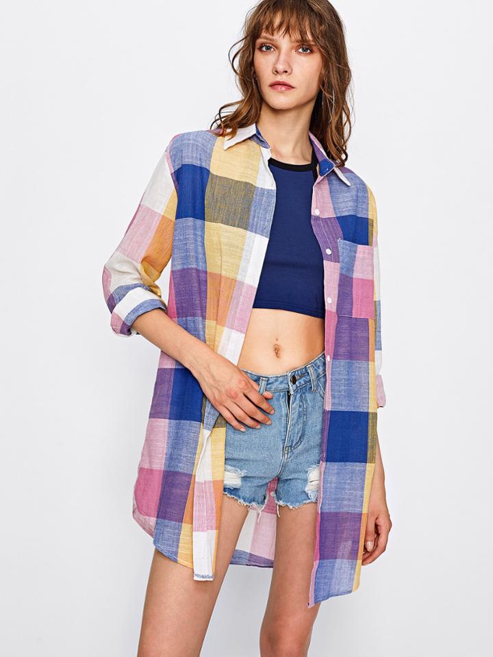Shein Multi Checkered Curved Hem Longline Shirt