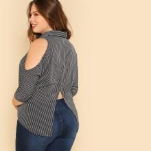 Shein Plus Open Shoulder Split Back Pinstripe Shirt