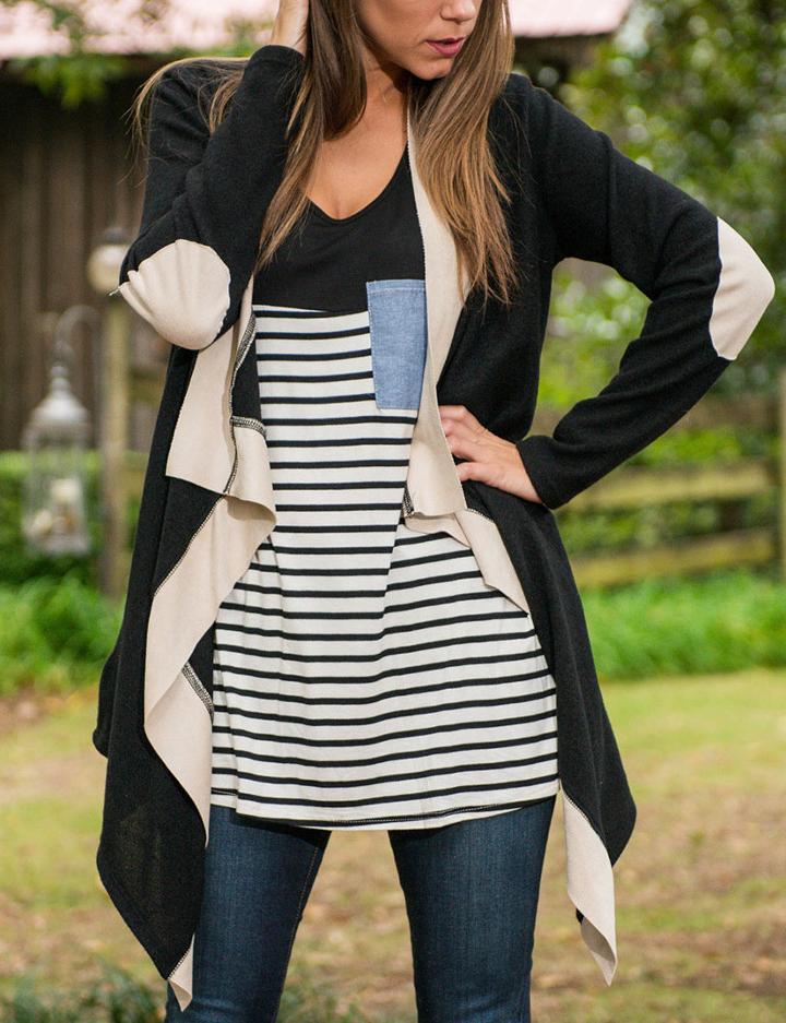 Shein Contrast Waterfall Elbow Patch Cardigan