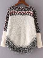 Shein White Geometric Pattern Fringe Hem Mohair Cape Sweater