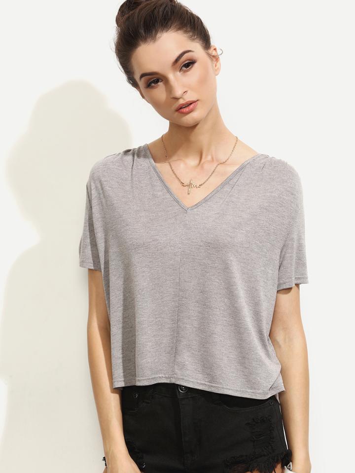 Shein Grey V Neck Pleated Shoulder Short Sleeve T-shirt