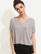 Shein Grey V Neck Pleated Shoulder Short Sleeve T-shirt