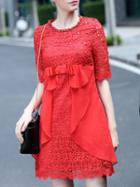 Shein Red Crochet Hollow Out Bow Beading Combo Dress