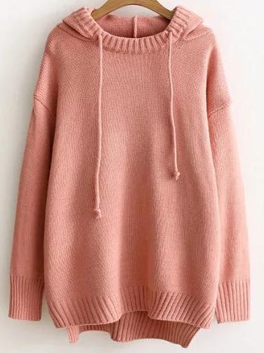 Shein Pink Ribbed Trim Hooded High Low Sweater