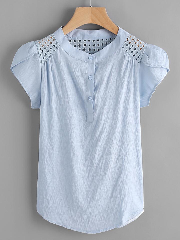 Shein Eyelet Embroidered Panel Petal Sleeve Blouse
