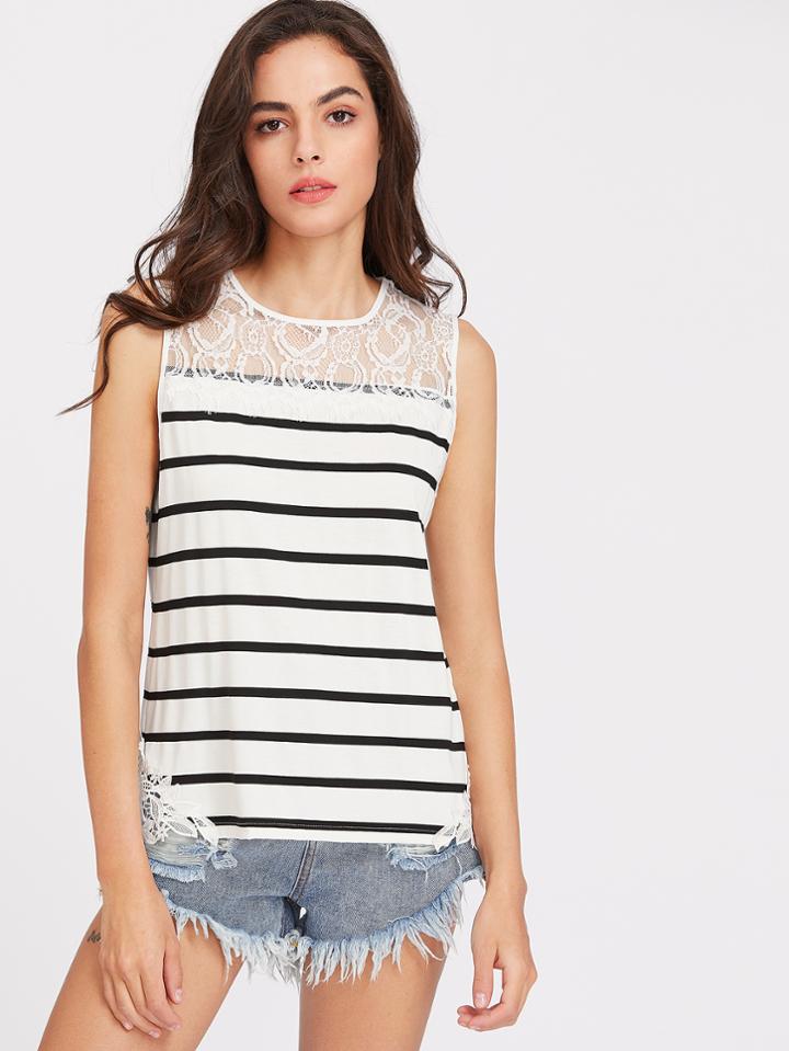 Shein Buttoned Keyhole Lace Yoke Striped Tank Top