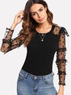 Shein Contrast Frilled Dot Mesh Sleeve Ribbed Knit Tee