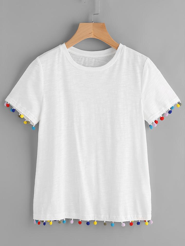 Shein Colorful Pom Pom Trim Slub Tee