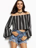 Shein Black Striped Off The Shoulder Bell Sleeve Blouse