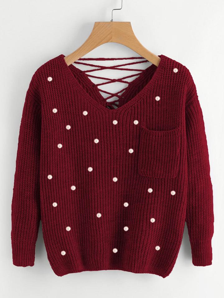 Shein Pearl Beaded Criss Cross Back Chunky Knit Jumper
