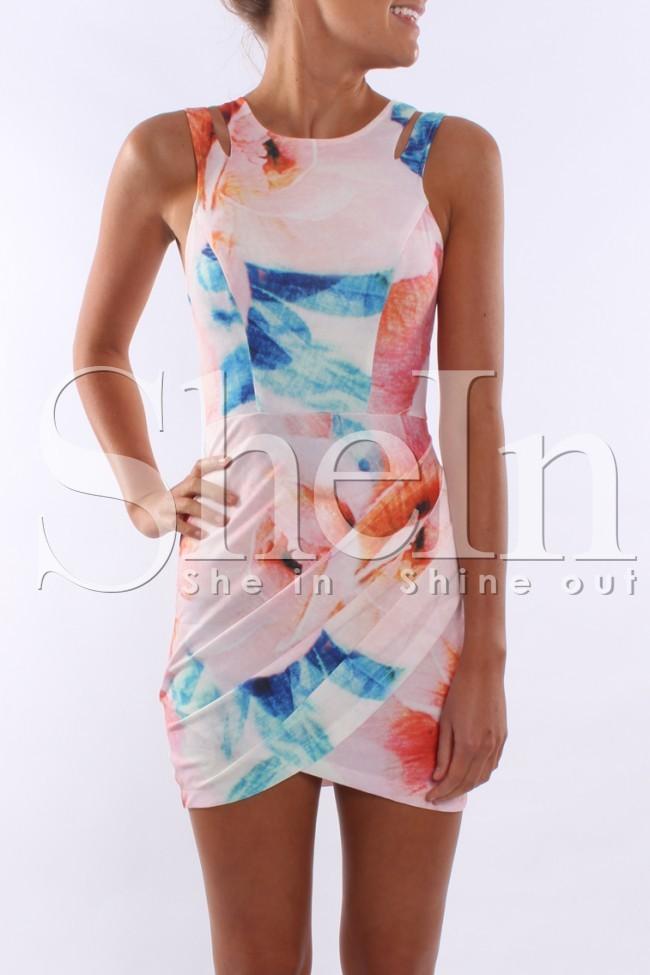 Shein Pink Sleeveless Floral Print Bodycon Dress