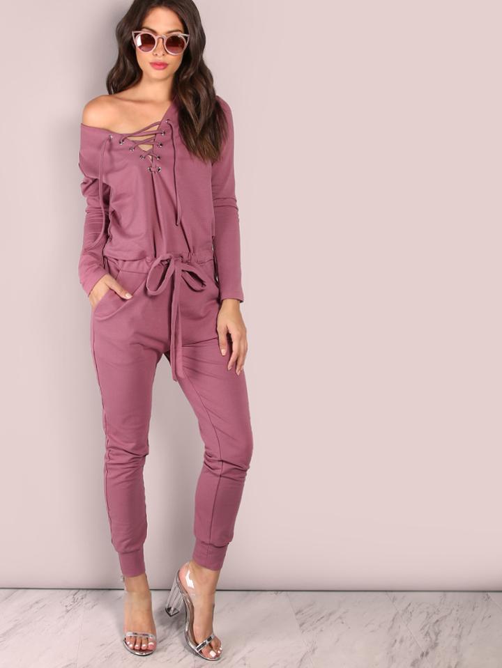 Shein Slouchy Lace Up Cotton Jumpsuit Purple