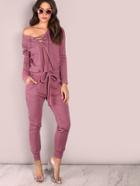 Shein Slouchy Lace Up Cotton Jumpsuit Purple