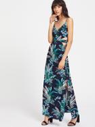Shein Tropical Print Peekaboo Cutout Slit Cami Dress
