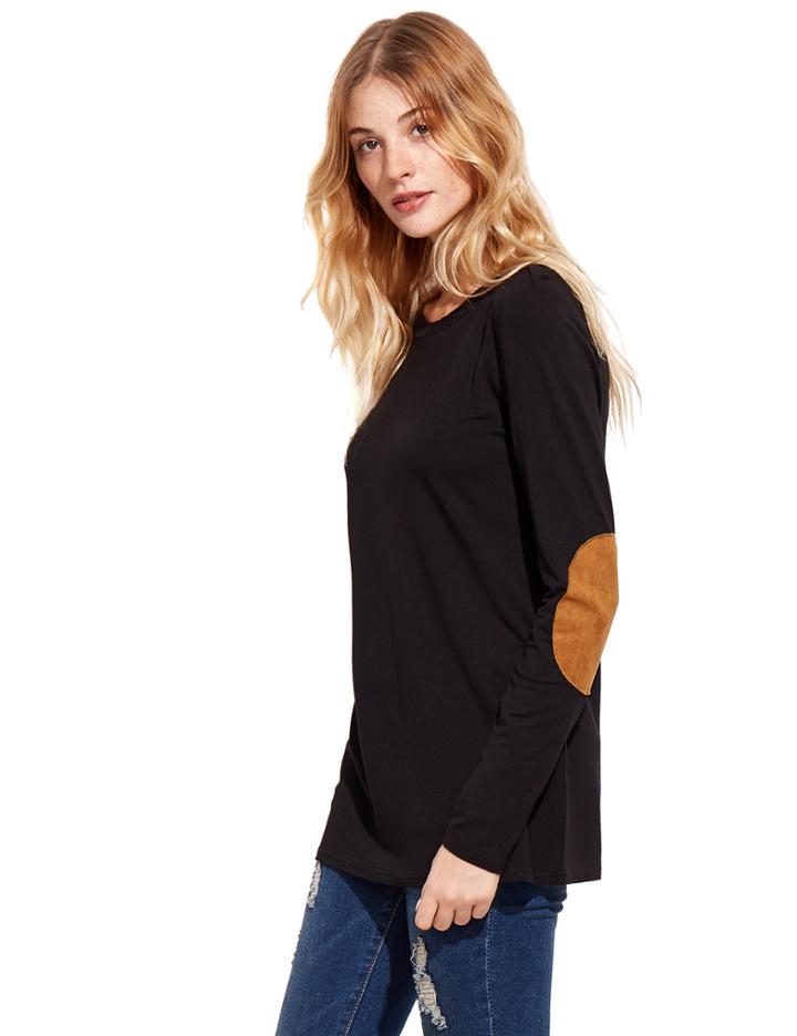 Shein Black Long Sleeve Elbow Patch T-shirt