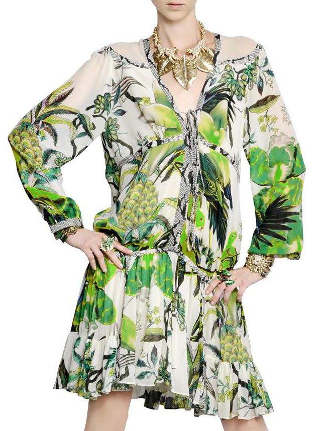 Shein Green Tie V Neck Drop Waist Bird Print Dress