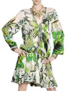 Shein Green Tie V Neck Drop Waist Bird Print Dress
