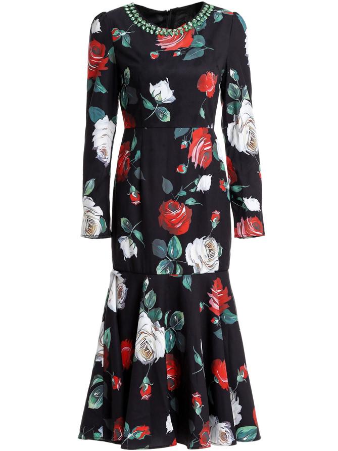Shein Beading Neck Rose Print Fishtail Dress