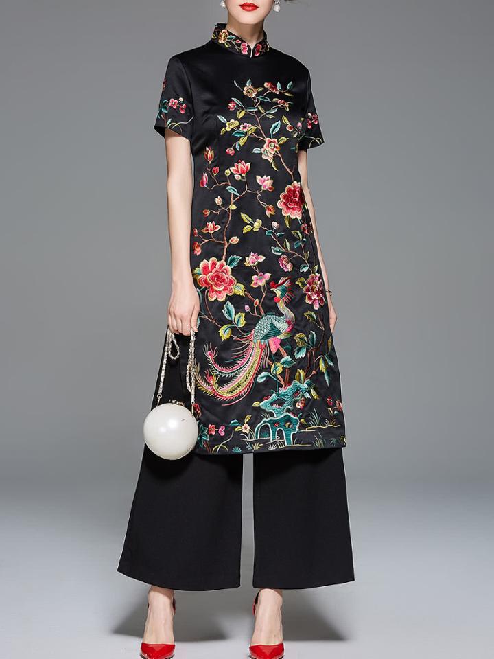 Shein Collar Flowers Embroidered Split Dress