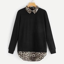 Shein Leopard Curved Hem & Collar 2 In 1 Pullover