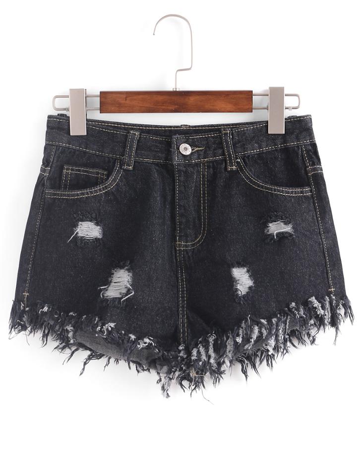 Shein Distresed Raw Hem Denim Shorts - Black