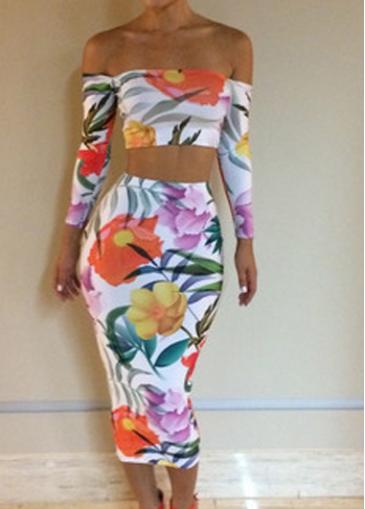 Rosewe Off The Shoulder Flower Print Two Piece Dress