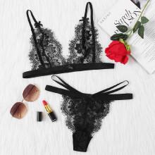 Shein Eyelash Lace Bow Detail Bralette & Pantie Lingerie Set
