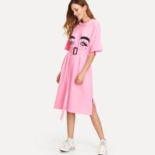 Shein Figure Face Print Slit Hem Belted Dress