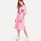 Shein Figure Face Print Slit Hem Belted Dress