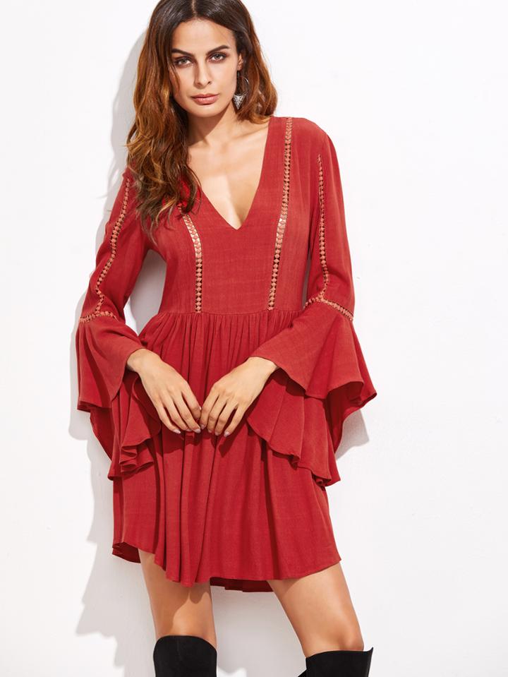 Shein Red Crochet Trim Ruffle Sleeve Dress