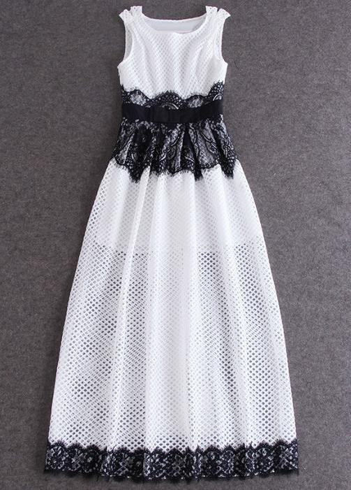 Shein White Sleeveless Bravissimo Nicely Lace Grid Maxi Dress