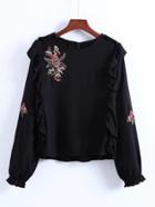 Shein Flounce Trim Flower Embroidery Blouse