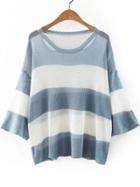 Shein Blue Striped Cutout Three Quarter Sleeve Sweater