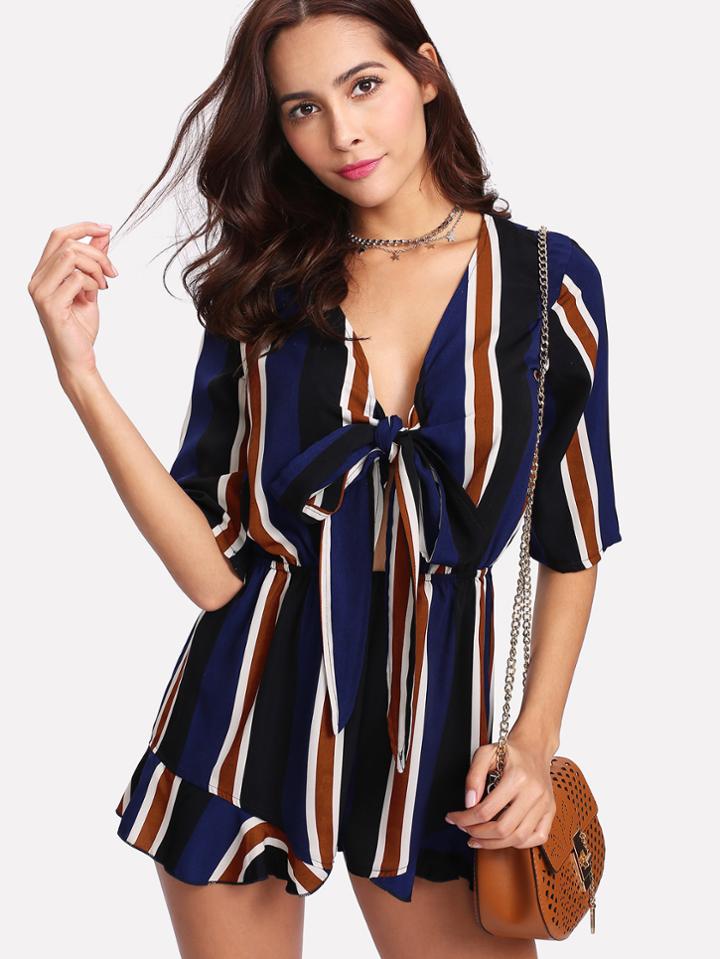 Shein Tie Front Ruffle Hem Striped Romper