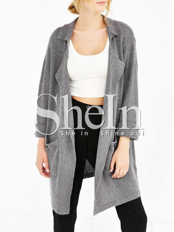 Shein Grey Lapel Pockets Sweater