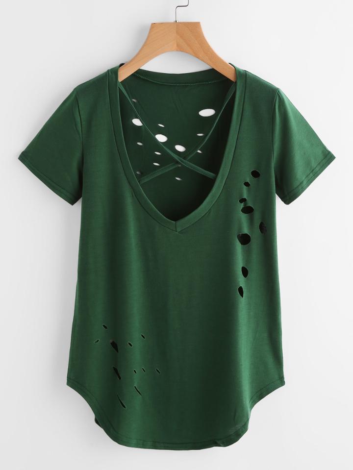 Shein Criss Cross V-neckline Distressed Curved Hem Tee