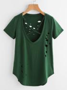 Shein Criss Cross V-neckline Distressed Curved Hem Tee
