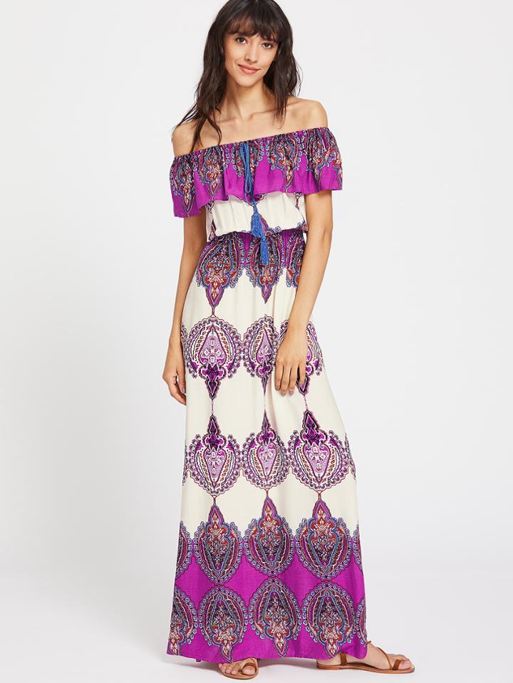 Shein Aztec Print Flounce Layered Neckline Tassel Tie Dress