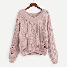 Shein Ripped V-neck Solid Jumper